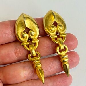 Vintage 80s PROFILES Clip-On Earrings Gold Tone Etruscan Drop Statement 2.5"